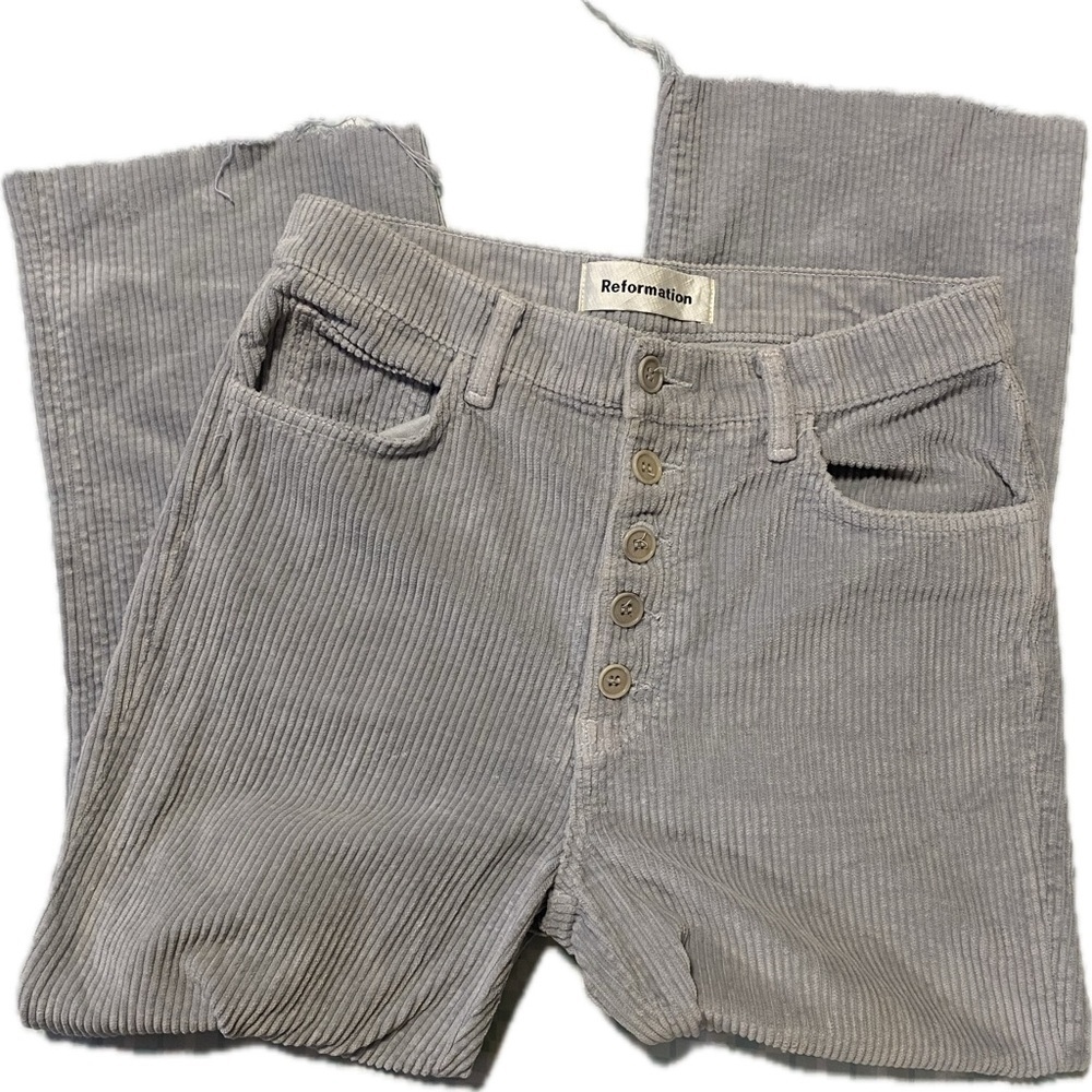 Reformation Light Gray Corduroy Button-Fly Pants